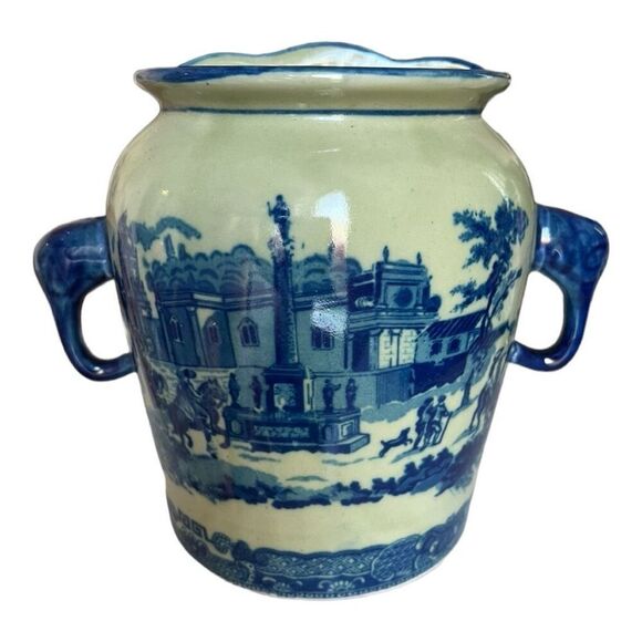 Victoria Ware 7” Ironstone Blue Transfer Wall Pocket Hanging Flower Vase Planter - Picture 1 of 3